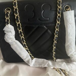 Tory Burch Black Quilted Bag with Gold Chain